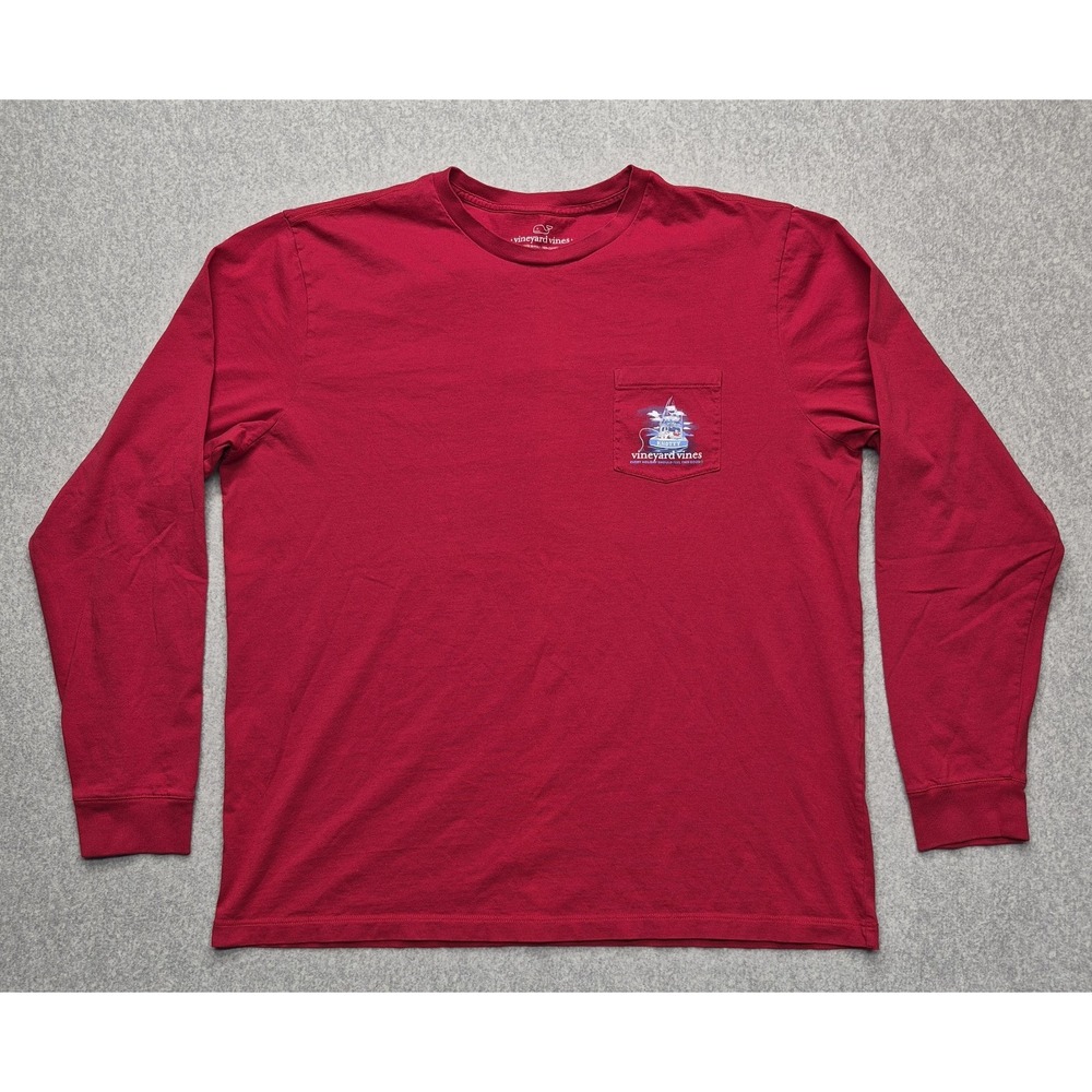 Vineyard Vines T Shirt Mens Large Red Holiday Knotty Fishing Boat Xmas Logo